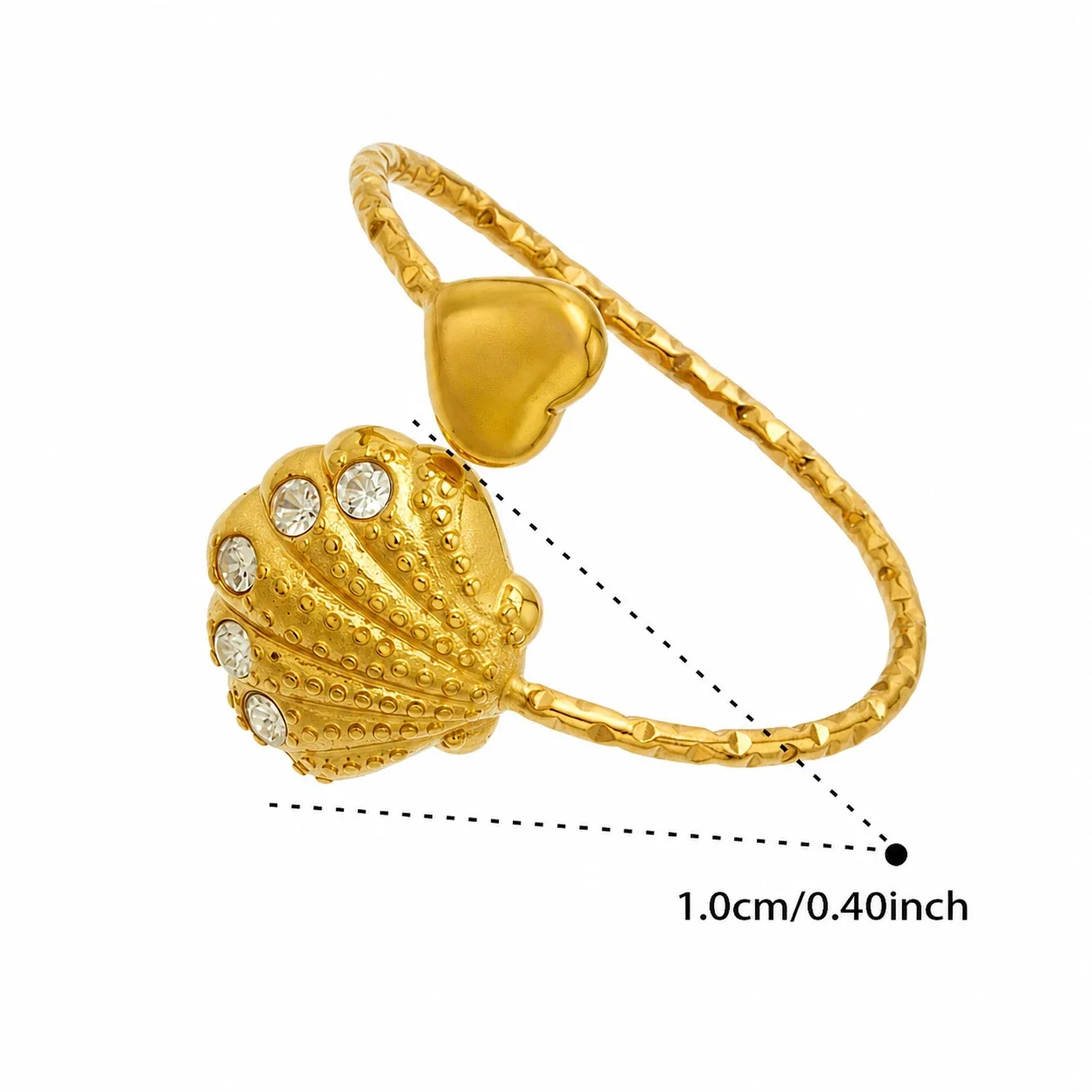 Oceanic 18K Gold-Plated 316L CZ Heart-End Open Ring - Gold Clear CZ Scallop Shell