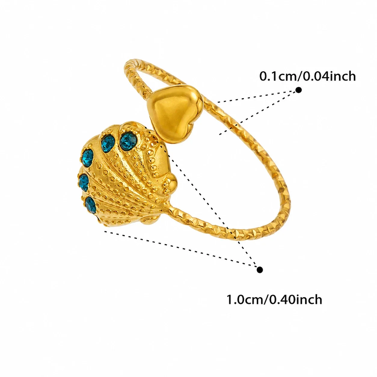 Oceanic 18K Gold-Plated 316L CZ Heart-End Open Ring - Gold Blue CZ Scallop Shell