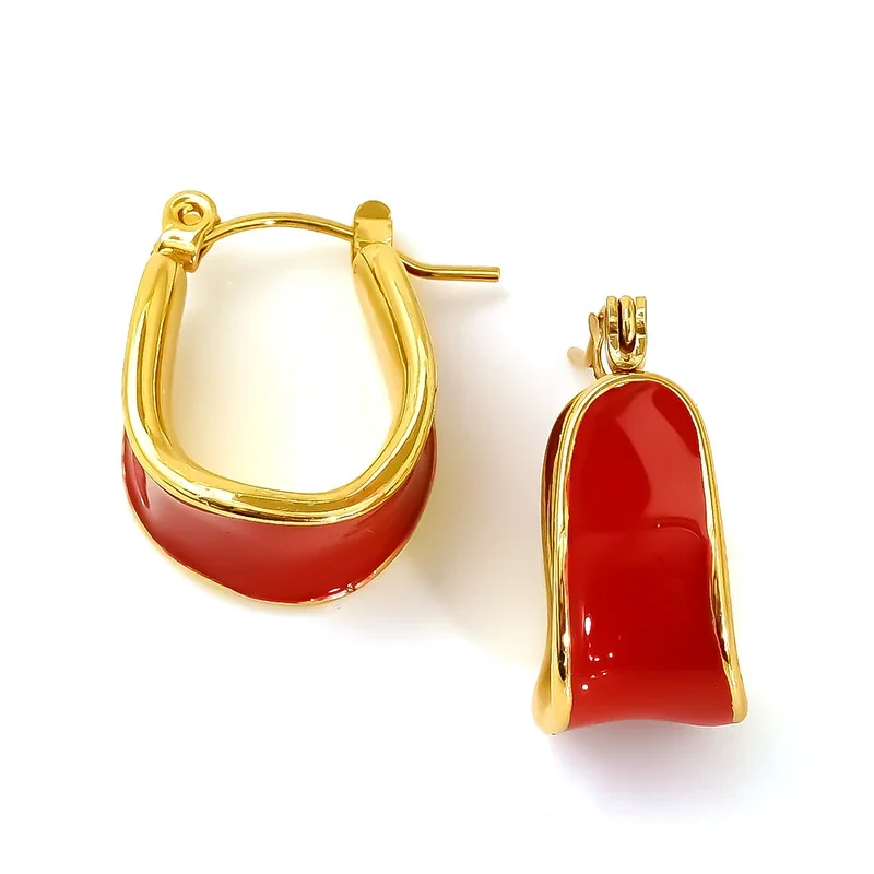 Sculptural Gold-Tone Enamel Curved Hoop Earrings