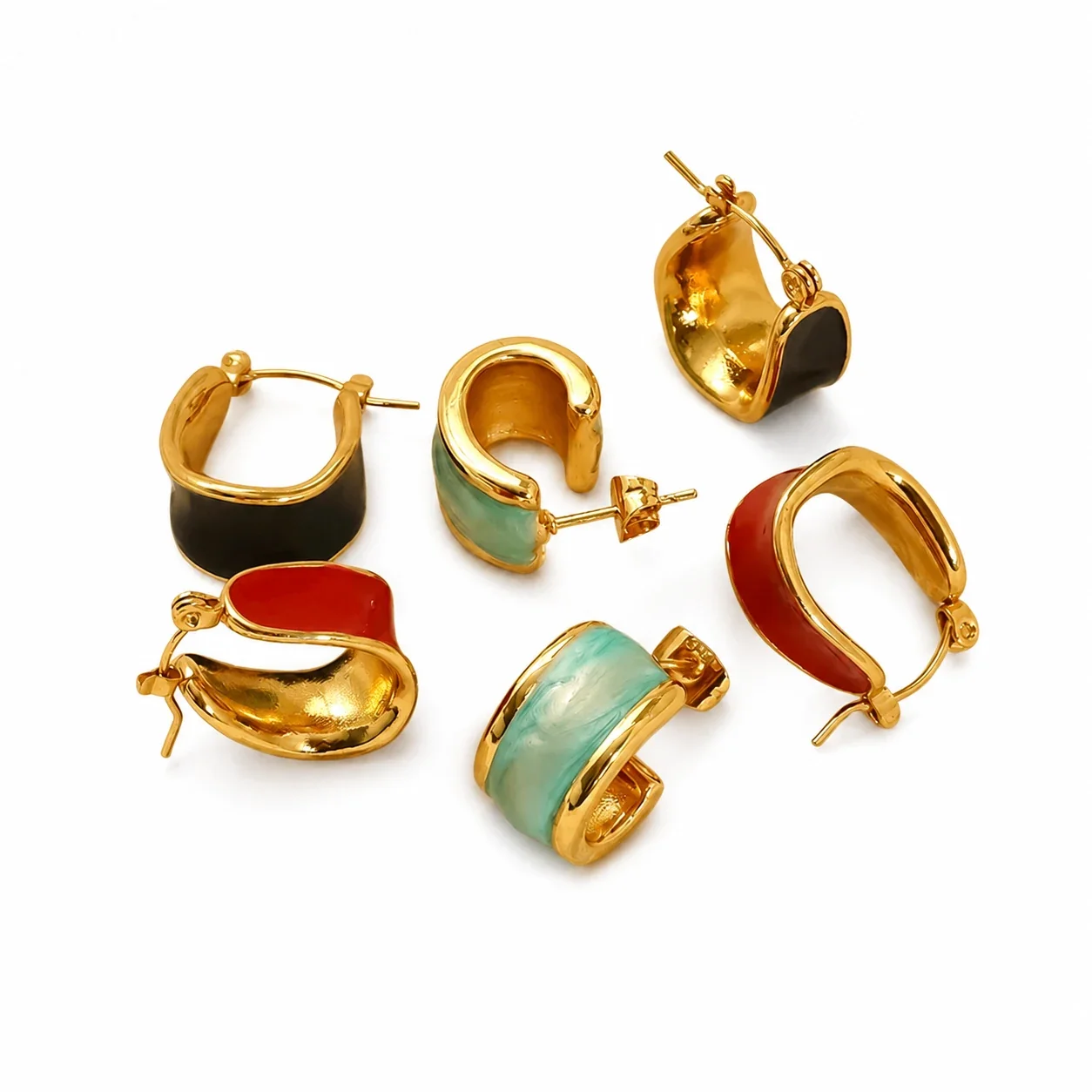Sculptural Gold-Tone Enamel Curved Hoop Earrings