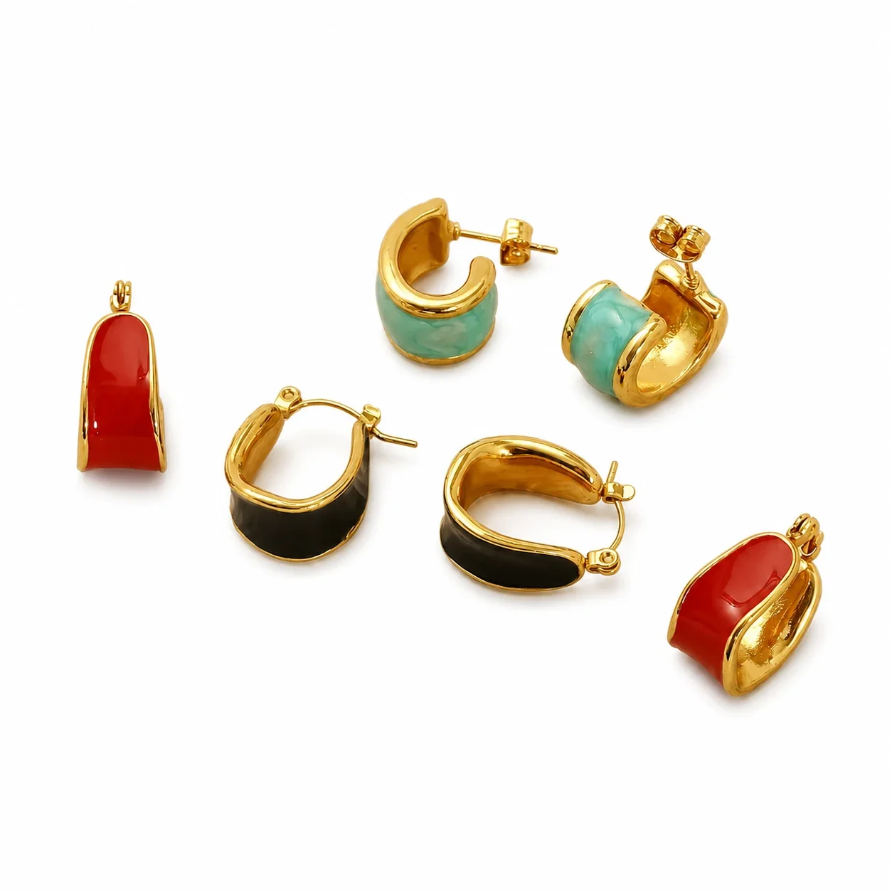 Sculptural Gold-Tone Enamel Curved Hoop Earrings