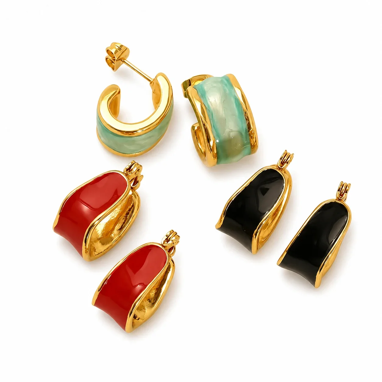 Sculptural Gold-Tone Enamel Curved Hoop Earrings
