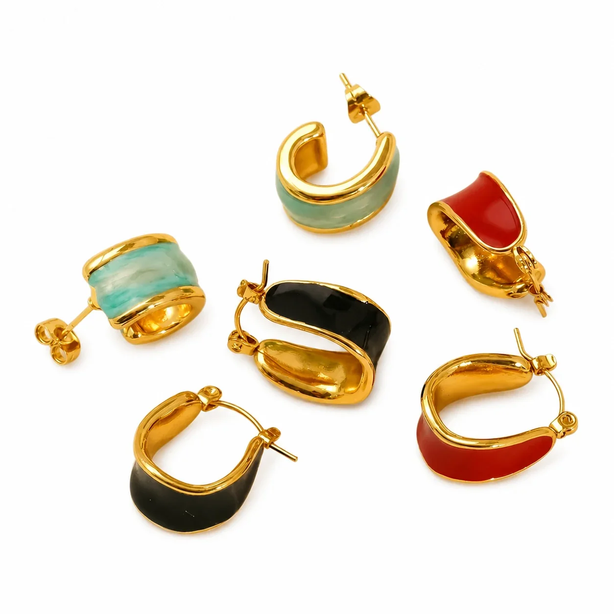 Sculptural Gold-Tone Enamel Curved Hoop Earrings