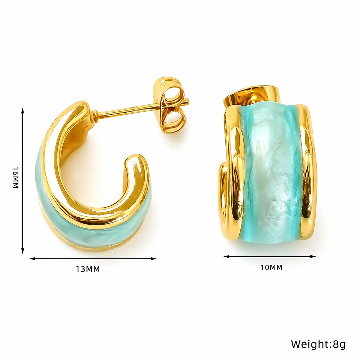 Sculptural Gold-Tone Enamel Curved Hoop Earrings - Gold Aqua