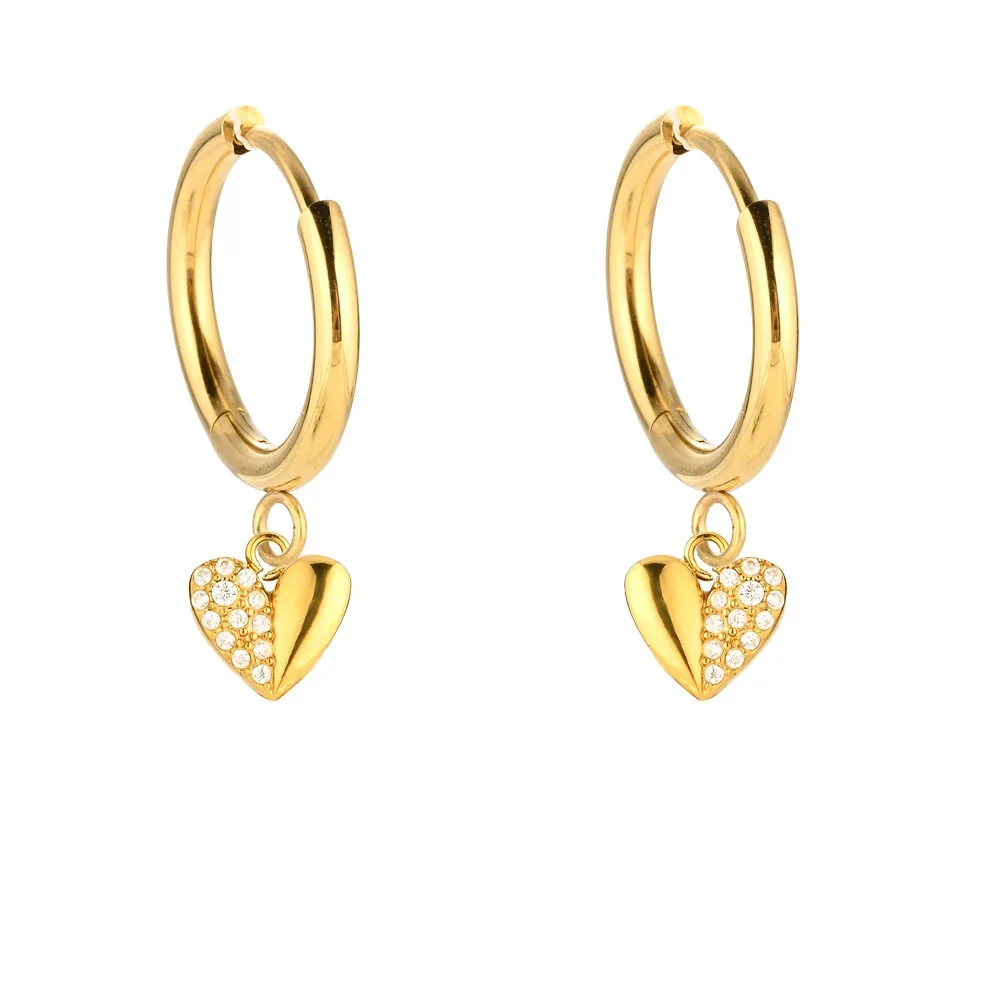 Sparkling 316 Stainless Steel Pavé Heart Hoop Earrings - Gold Right CZ Heart
