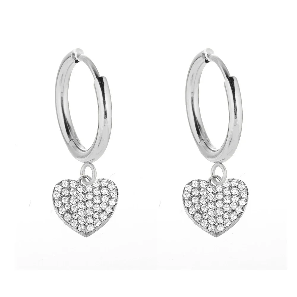Sparkling 316 Stainless Steel Pavé Heart Hoop Earrings - Silver Heart B