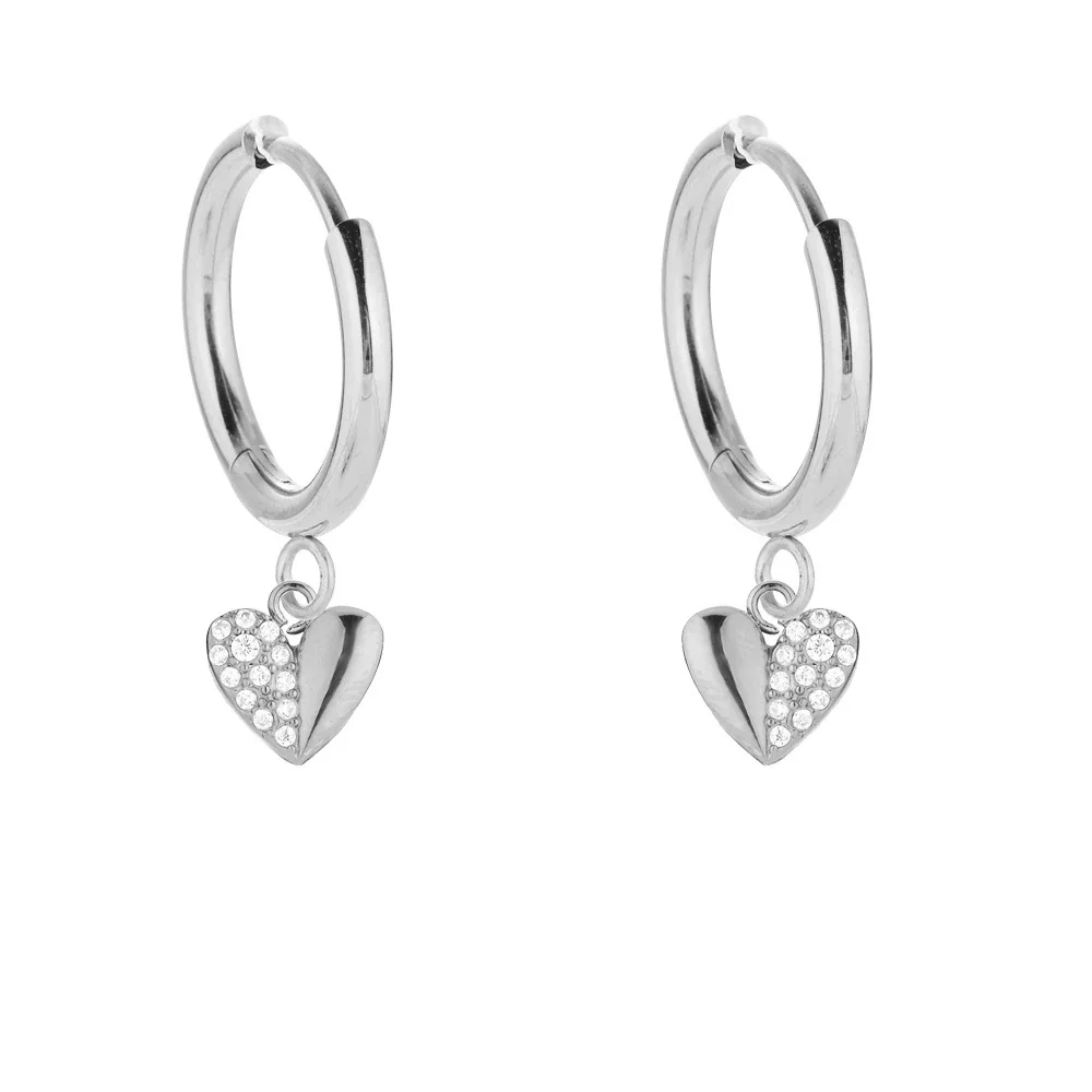 Sparkling 316 Stainless Steel Pavé Heart Hoop Earrings - Silver Right CZ Heart