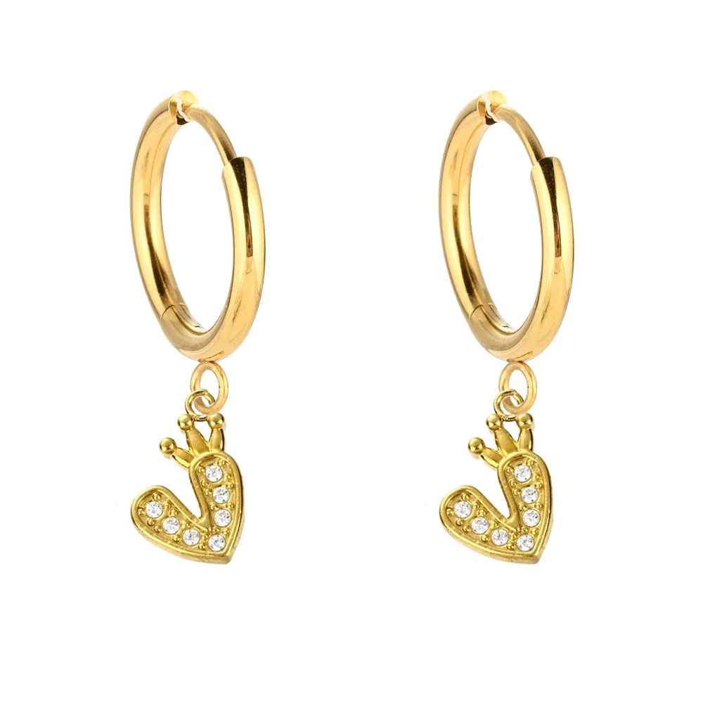 Sparkling 316 Stainless Steel Pavé Heart Hoop Earrings - Gold Crown Heart