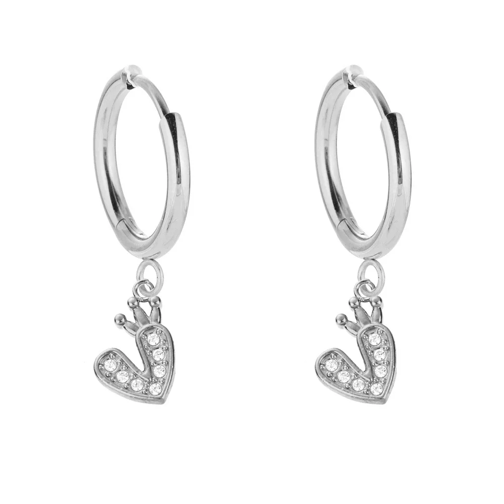 Sparkling 316 Stainless Steel Pavé Heart Hoop Earrings - Silver Crown Heart
