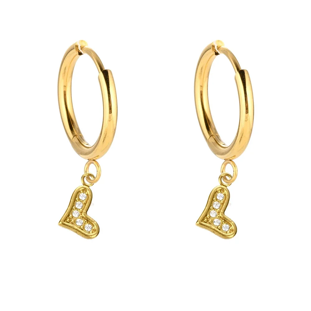 Sparkling 316 Stainless Steel Pavé Heart Hoop Earrings - Gold V Heart