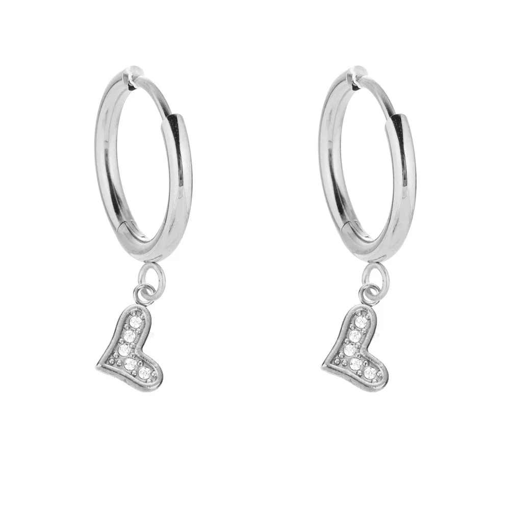 Sparkling 316 Stainless Steel Pavé Heart Hoop Earrings - Silver V Heart