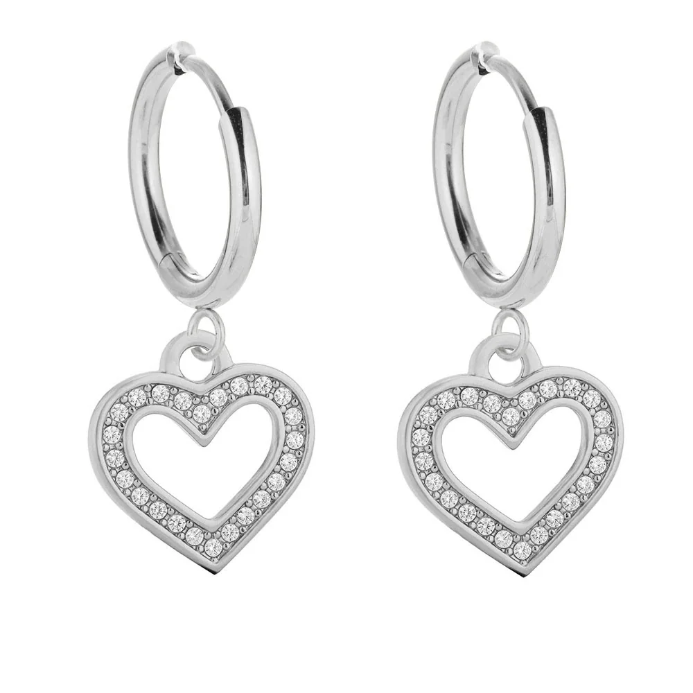 Sparkling 316 Stainless Steel Pavé Heart Hoop Earrings - Silver Openwork Heart