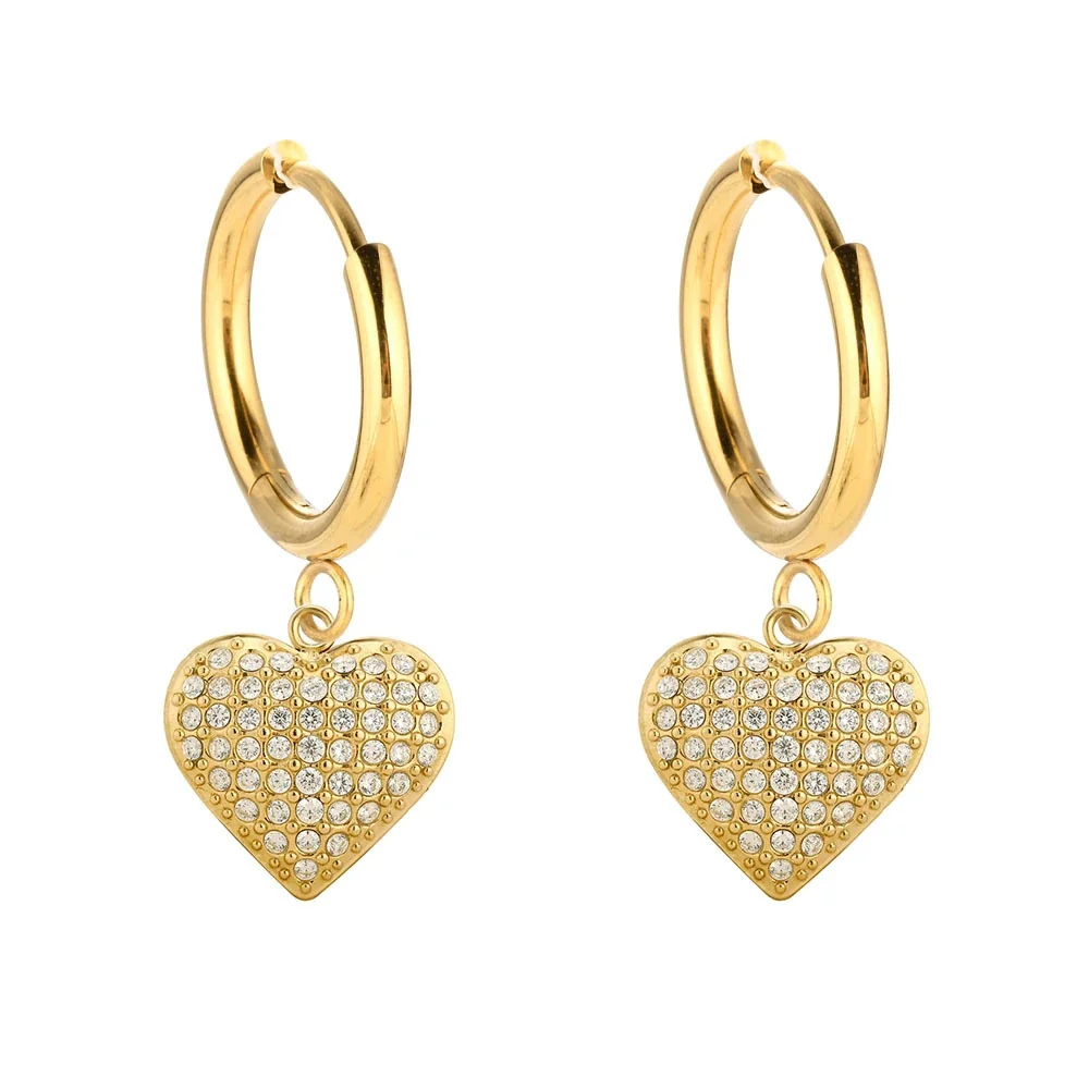 Sparkling 316 Stainless Steel Pavé Heart Hoop Earrings - Gold Heart A