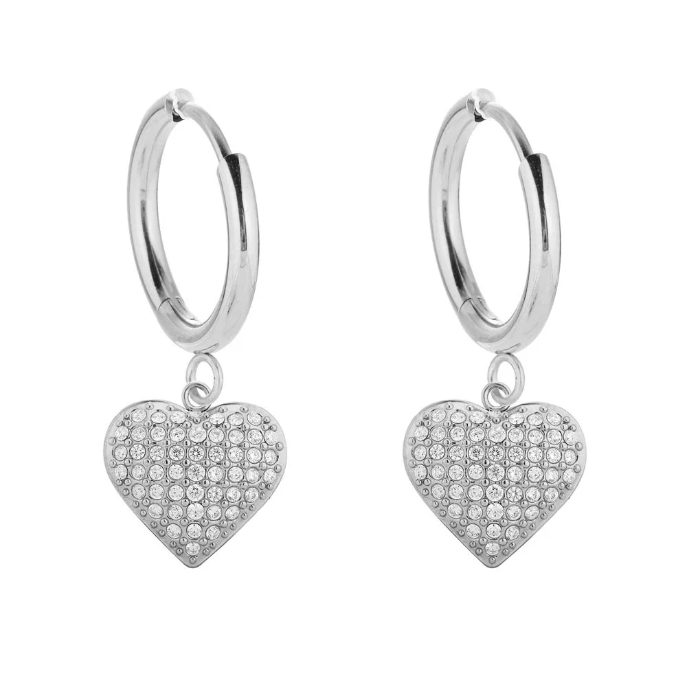 Sparkling 316 Stainless Steel Pavé Heart Hoop Earrings - Silver Heart A
