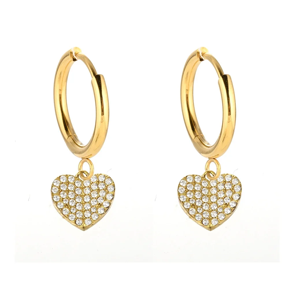 Sparkling 316 Stainless Steel Pavé Heart Hoop Earrings - Gold Heart B