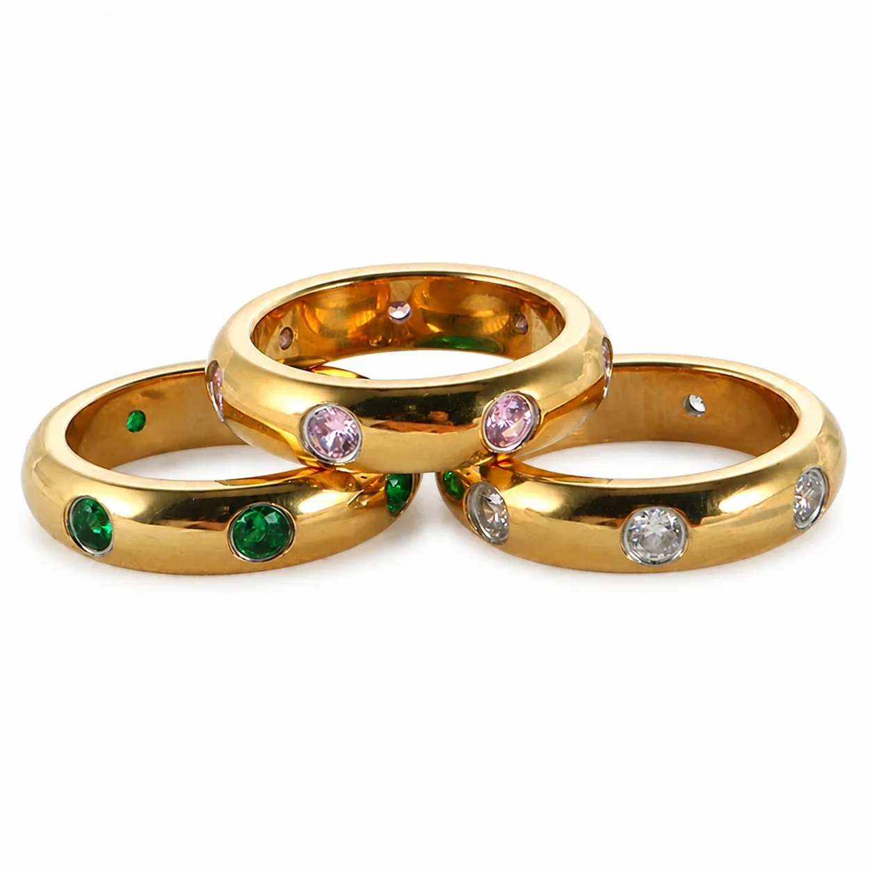 Dome Ring with Flush Round CZ Stainless Steel 18K Gold-Plated