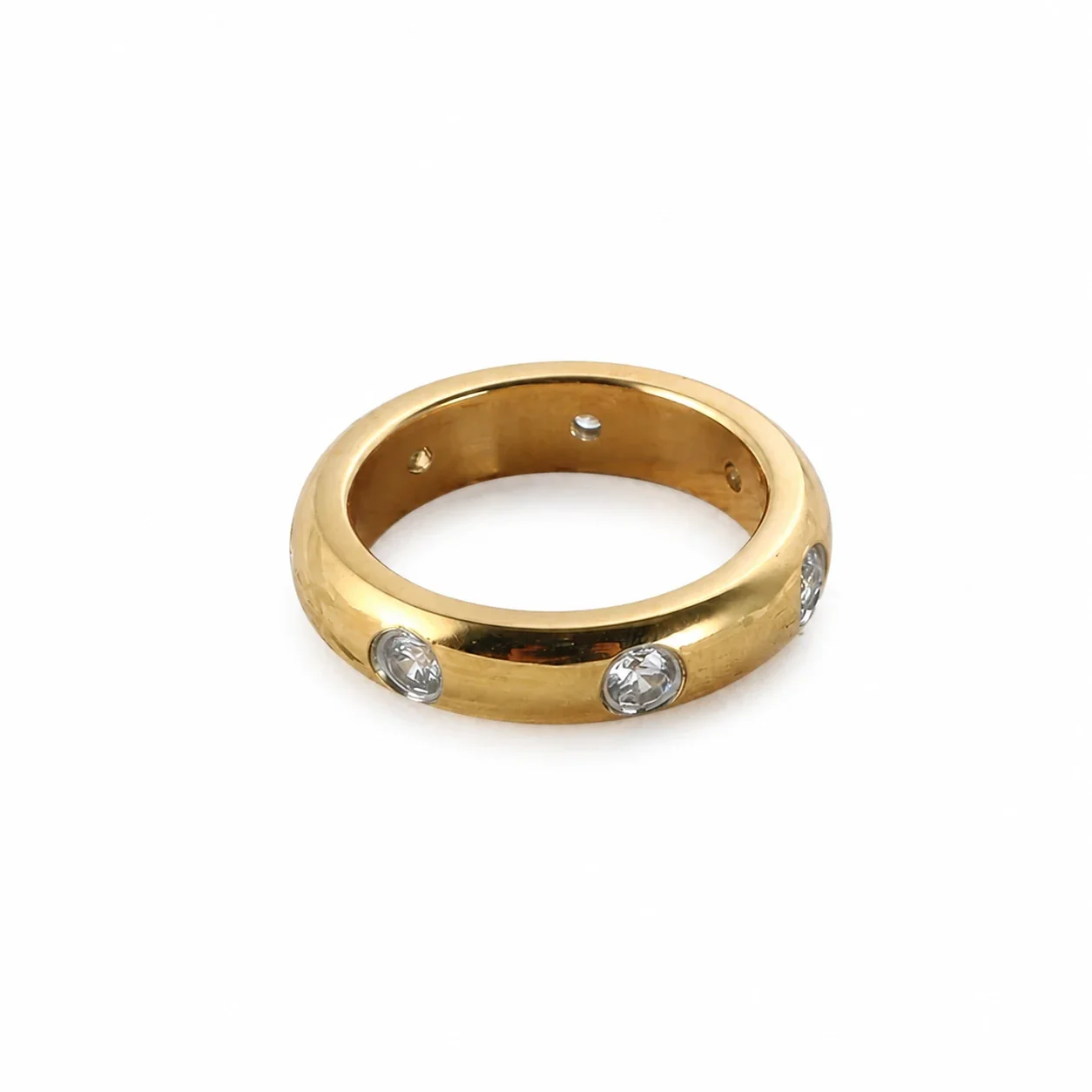 Dome Ring with Flush Round CZ Stainless Steel 18K Gold-Plated