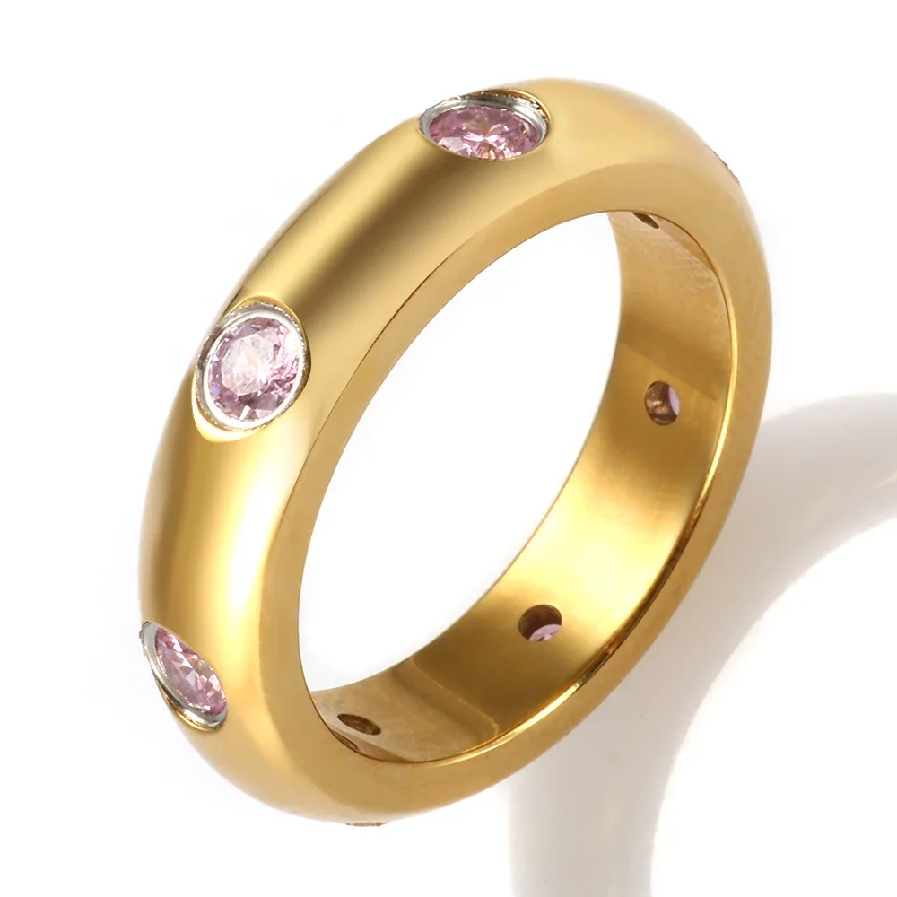 Dome Ring with Flush Round CZ Stainless Steel 18K Gold-Plated