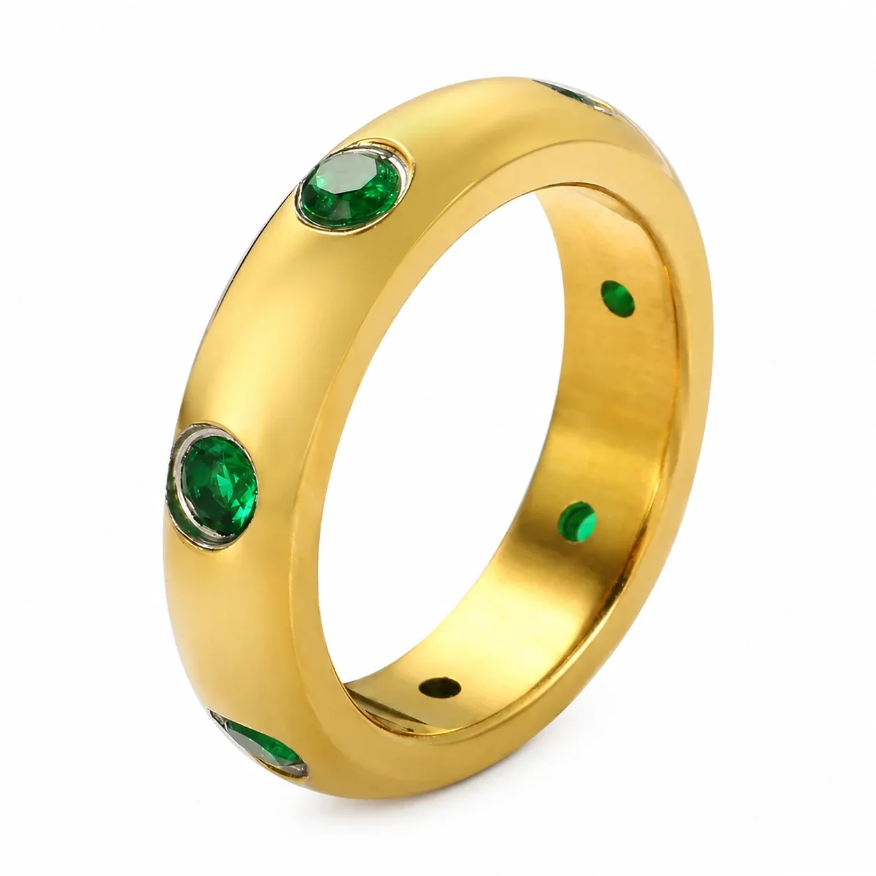 Dome Ring with Flush Round CZ Stainless Steel 18K Gold-Plated - Gold Green CZ