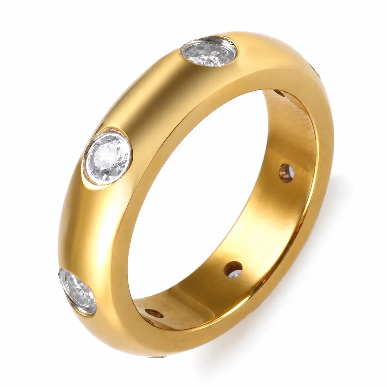 Dome Ring with Flush Round CZ Stainless Steel 18K Gold-Plated - Gold Pink CZ