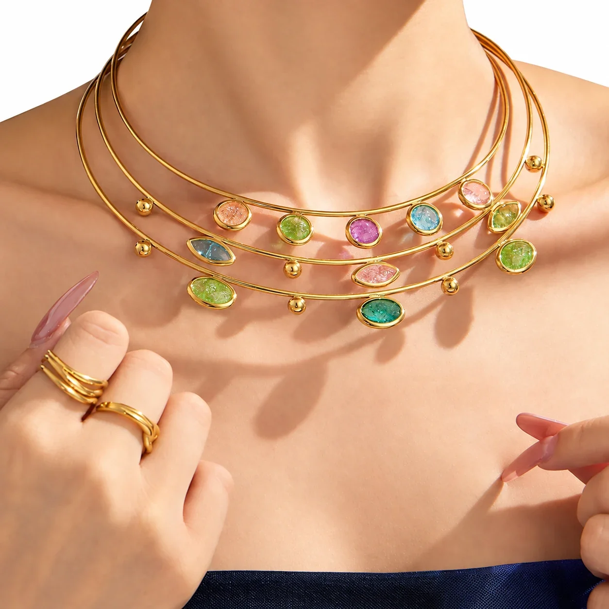 Open Crystal Drop Choker, 18K Gold-Plated Stainless Steel