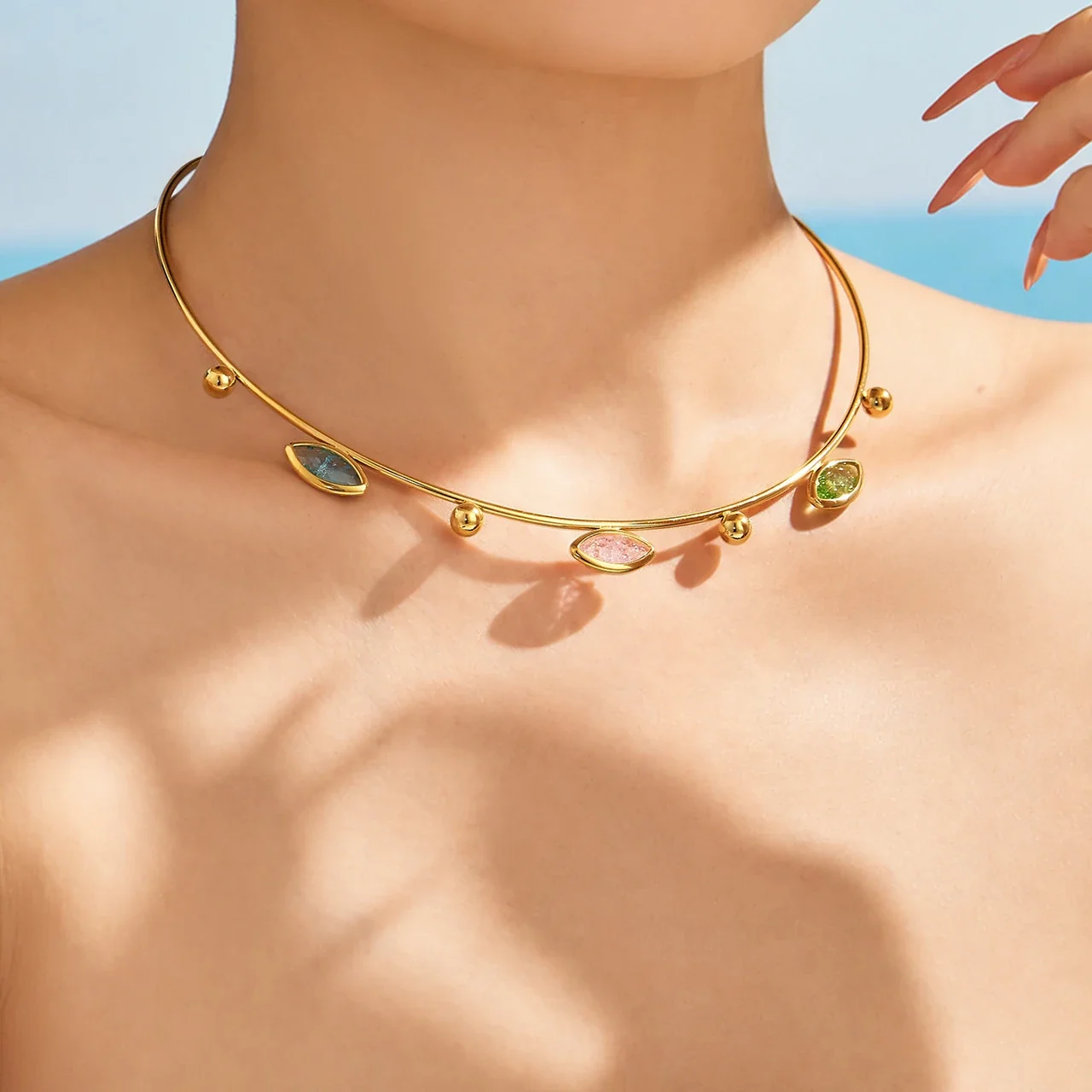 Open Crystal Drop Choker, 18K Gold-Plated Stainless Steel