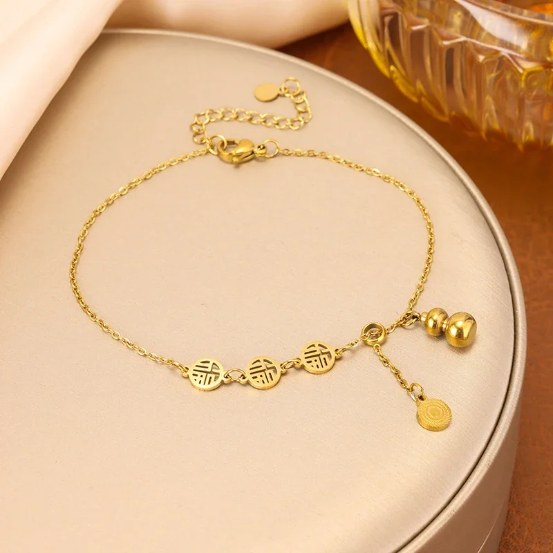 Anklet with Three Fu Discs and Gourd Charm, Stainless Steel