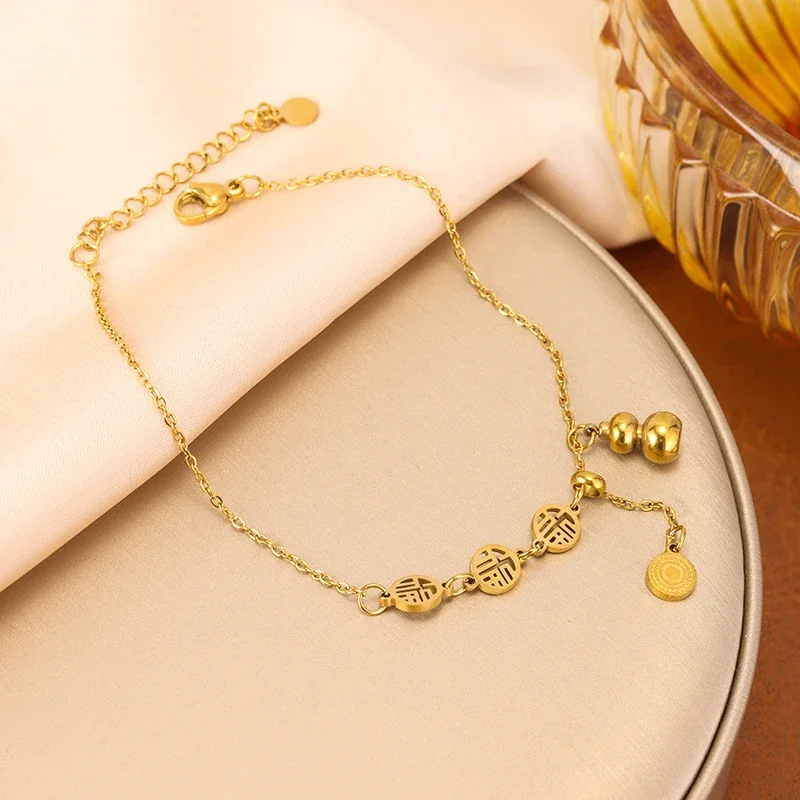 Anklet with Three Fu Discs and Gourd Charm, Stainless Steel