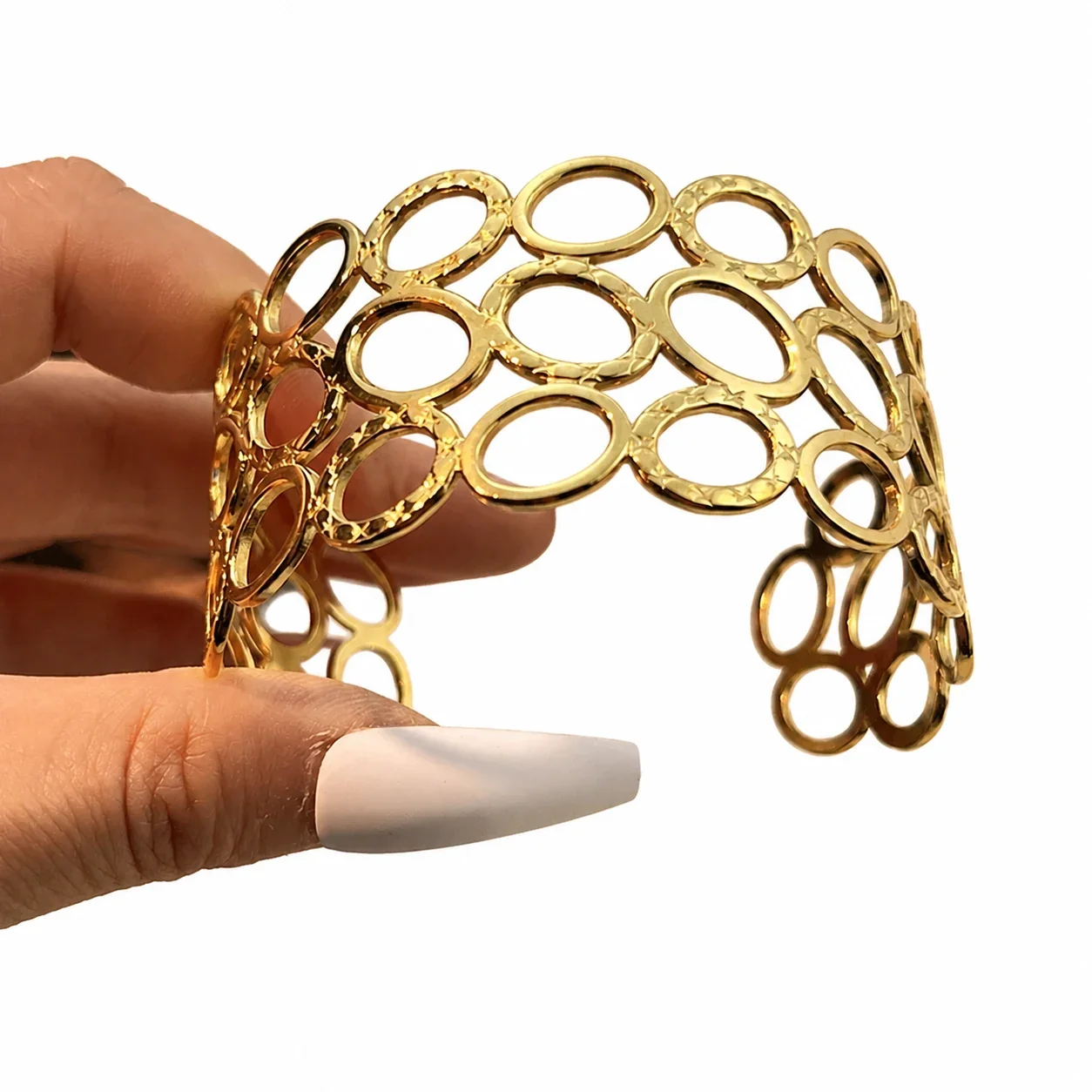Sculptural 18K Gold-Plated Open Oval Hammered Cuff