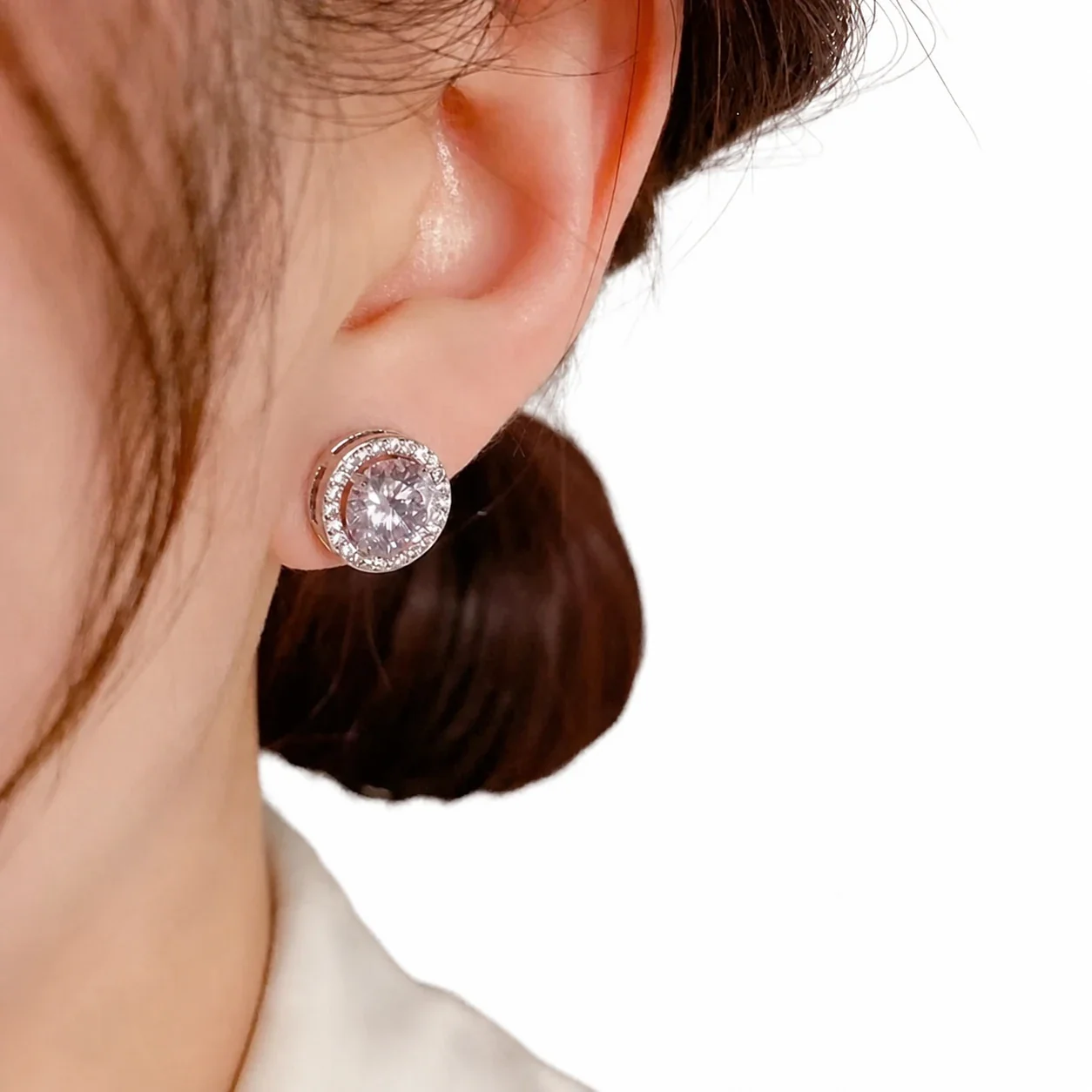 Radiant Silver-Tone Round CZ Halo Stud Earrings
