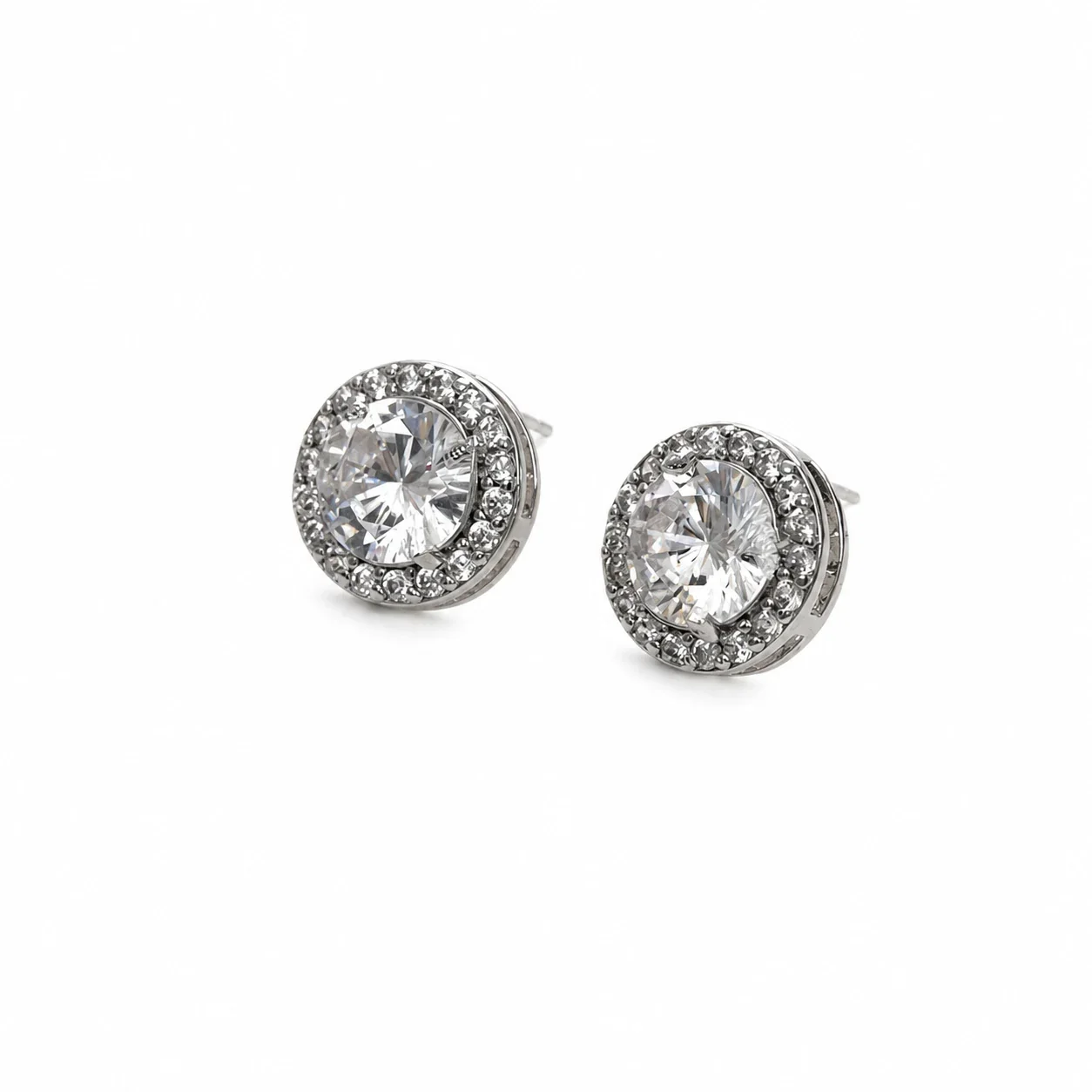 Radiant Silver-Tone Round CZ Halo Stud Earrings