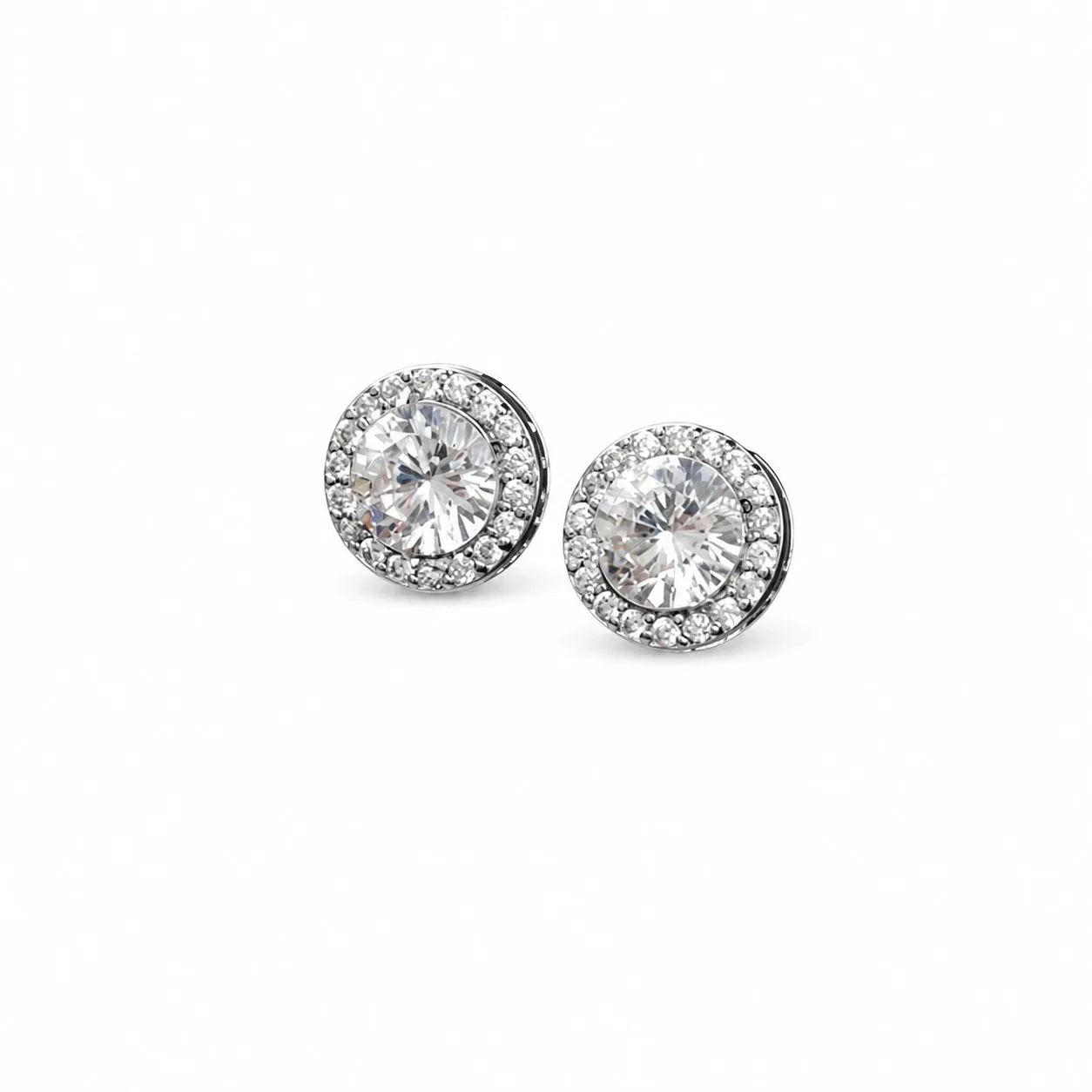 Radiant Silver-Tone Round CZ Halo Stud Earrings - Silver