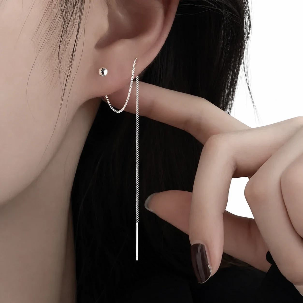 Sleek Stainless Steel Ball Threader Drop Earrings