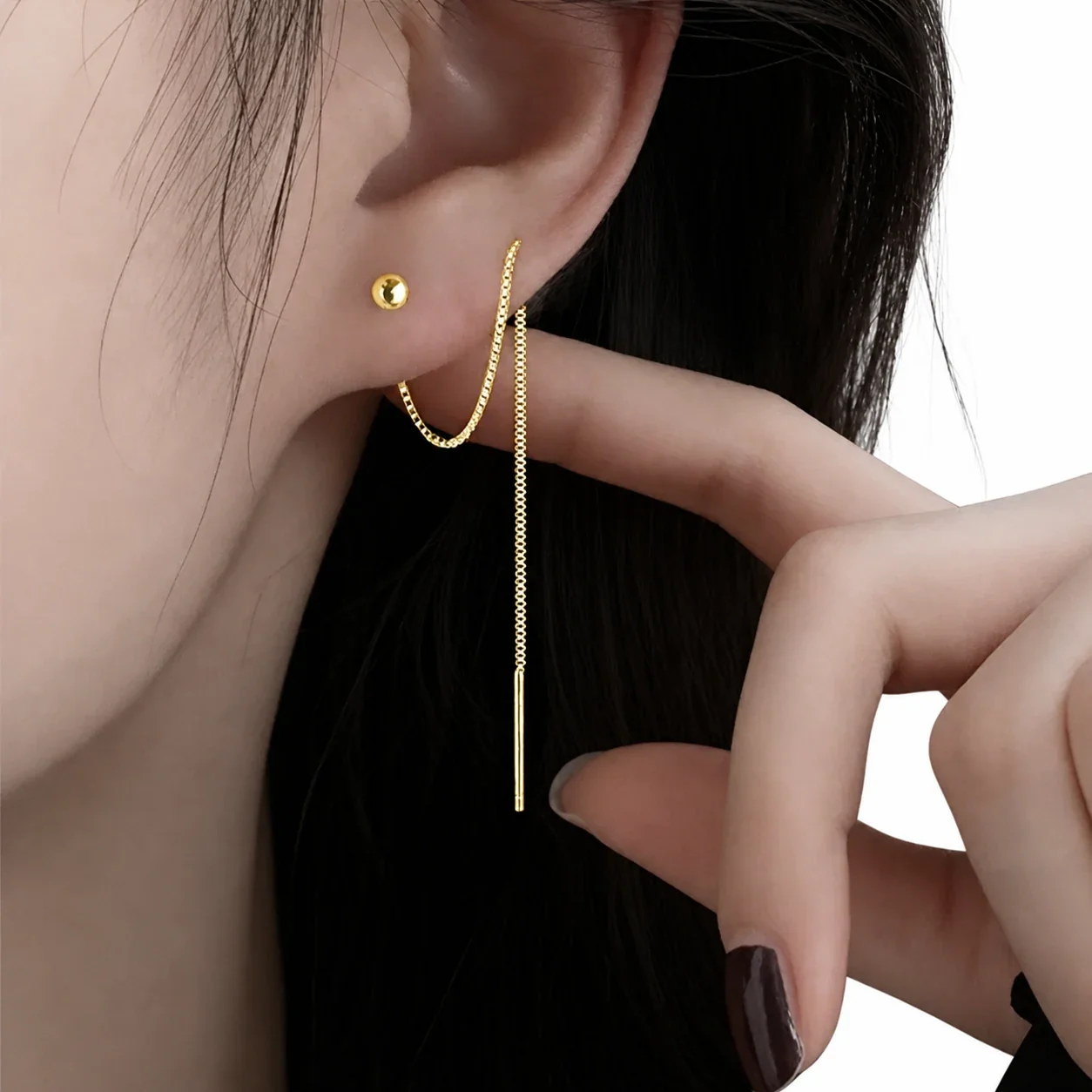 Sleek Stainless Steel Ball Threader Drop Earrings