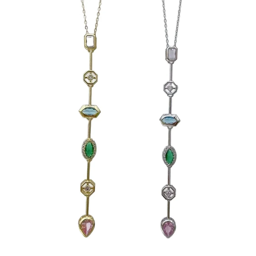 Geometric Multicolor CZ Pendant Necklace in Stainless Steel