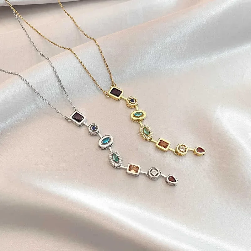 Geometric Multicolor CZ Pendant Necklace in Stainless Steel