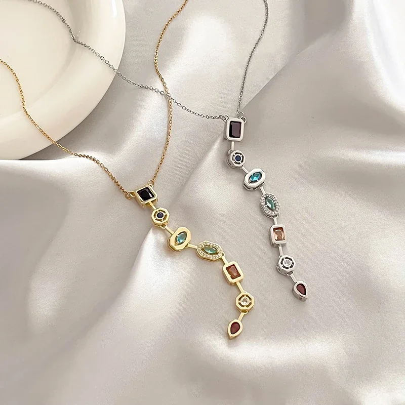 Geometric Multicolor CZ Pendant Necklace in Stainless Steel