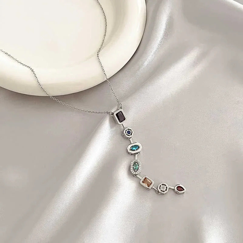 Geometric Multicolor CZ Pendant Necklace in Stainless Steel