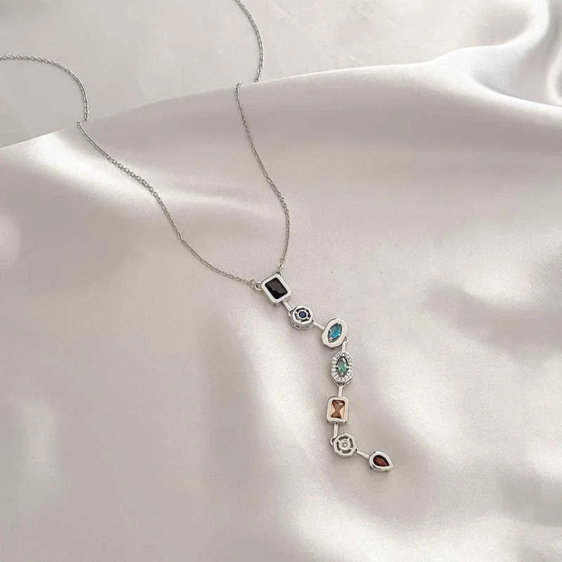 Geometric Multicolor CZ Pendant Necklace in Stainless Steel