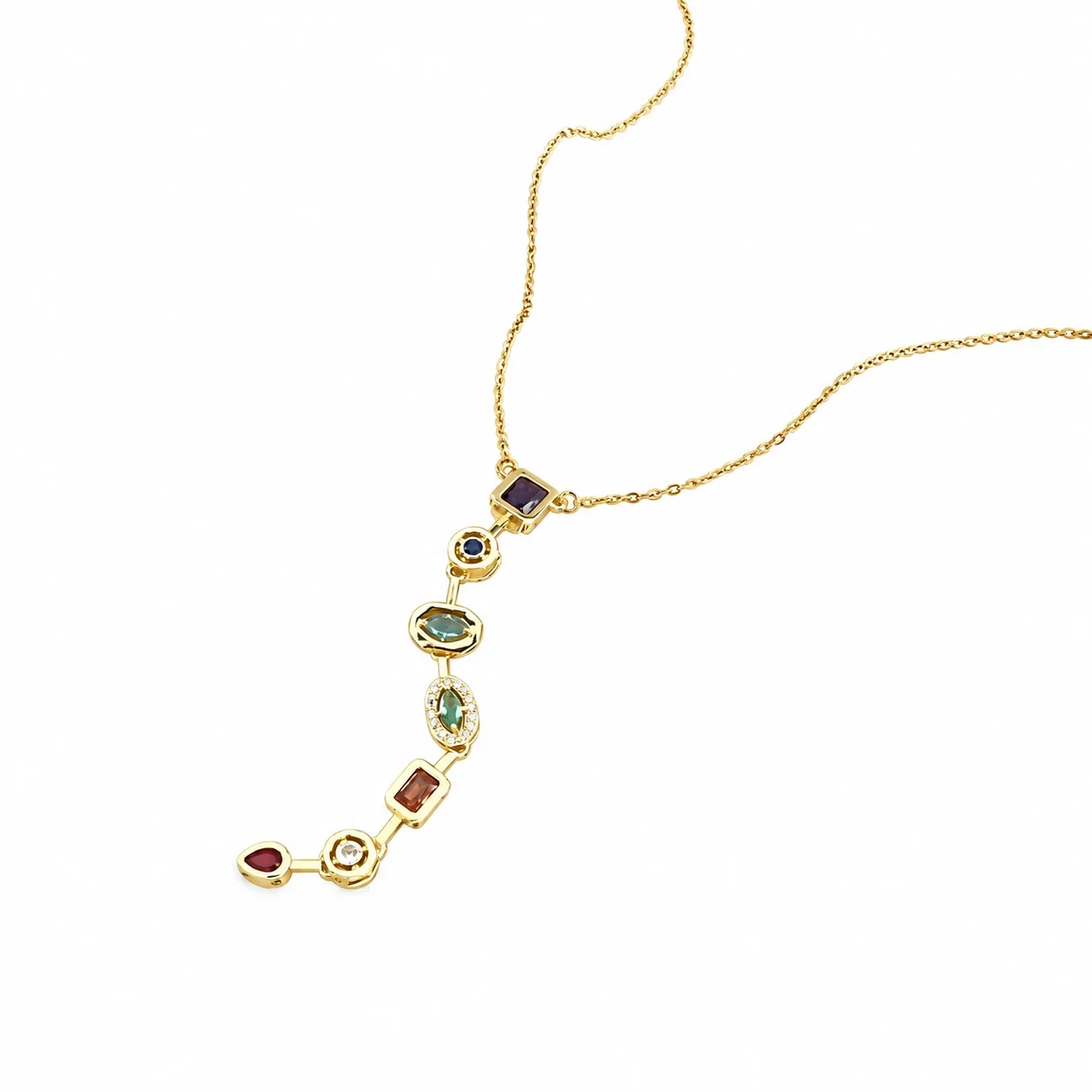 Geometric Multicolor CZ Pendant Necklace in Stainless Steel - Gold