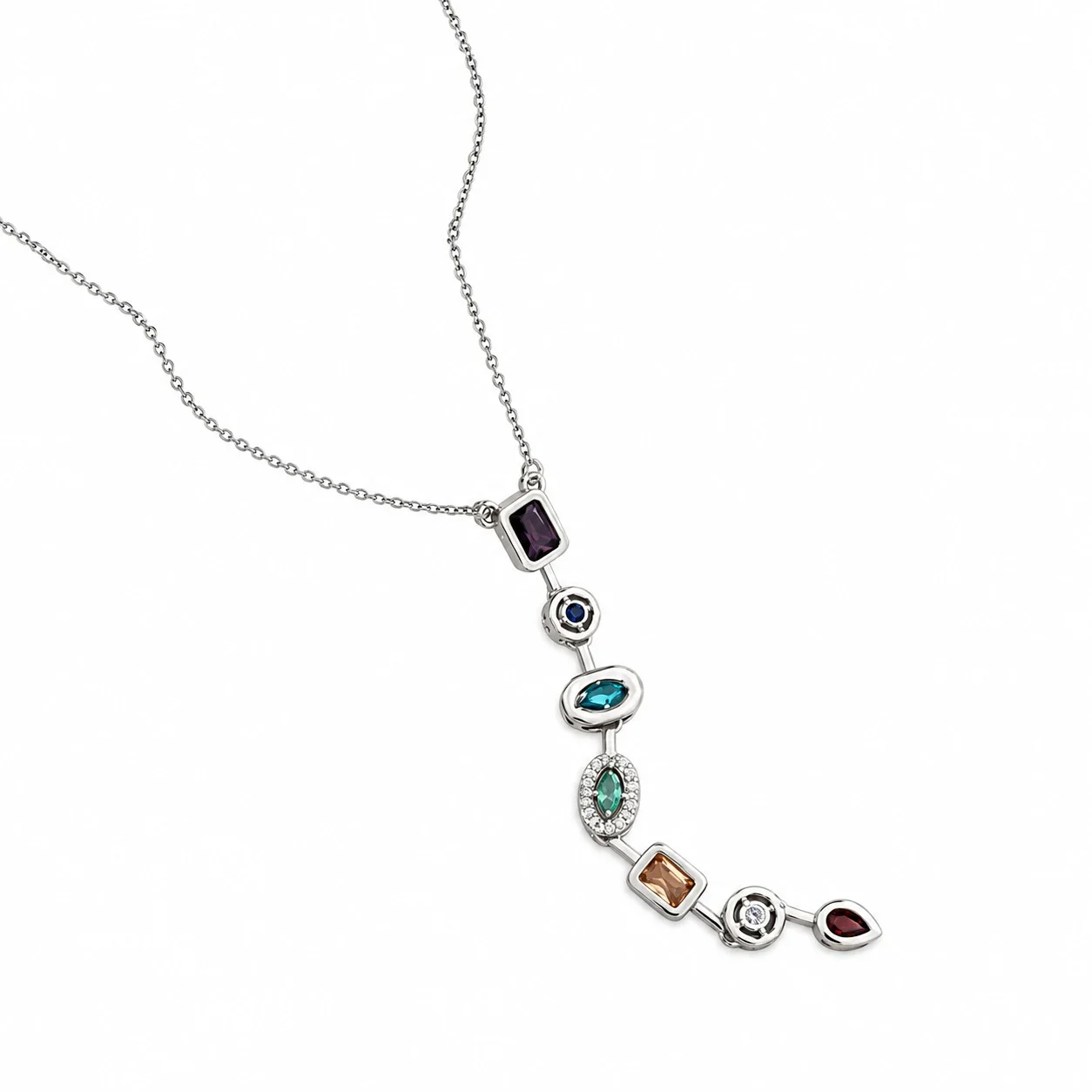 Geometric Multicolor CZ Pendant Necklace in Stainless Steel - Silver