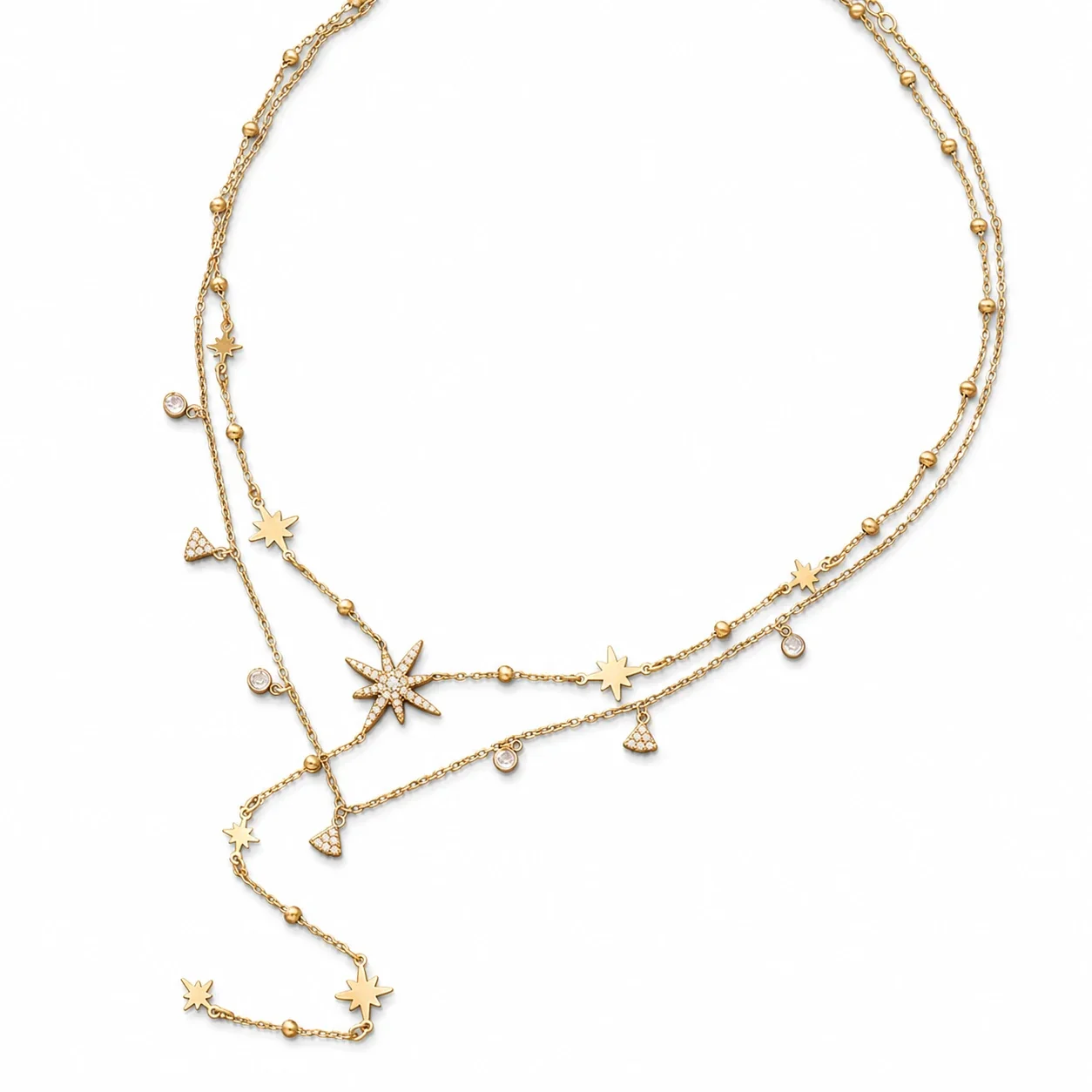 Celestial Gold-Plated Stainless Steel Star Bead Y Necklace Set