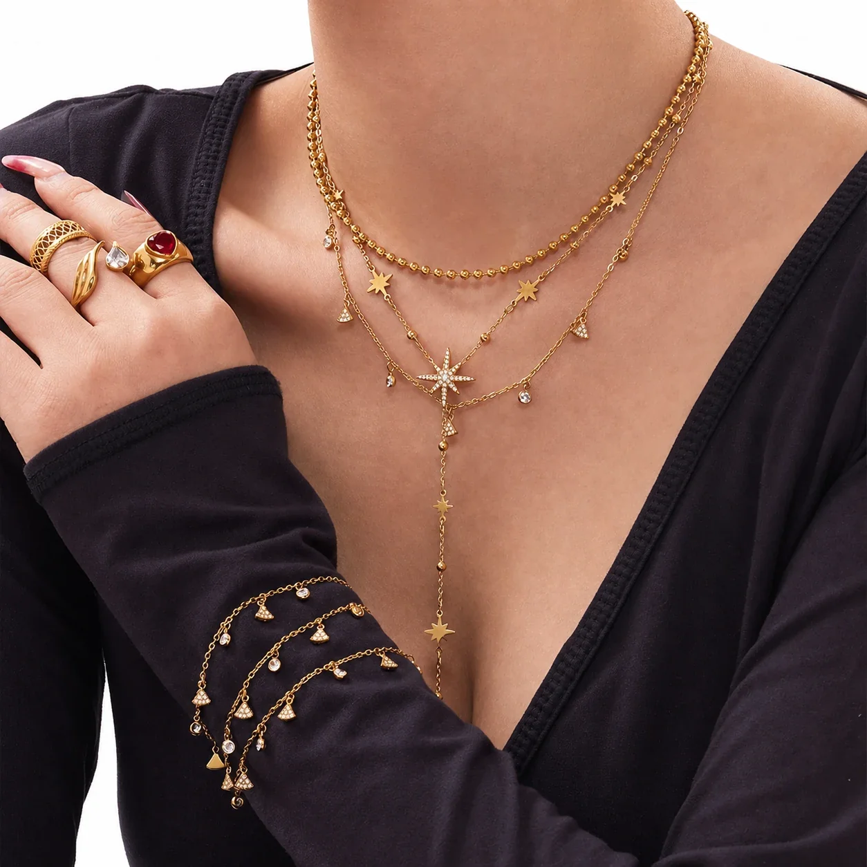 Celestial Gold-Plated Stainless Steel Star Bead Y Necklace Set