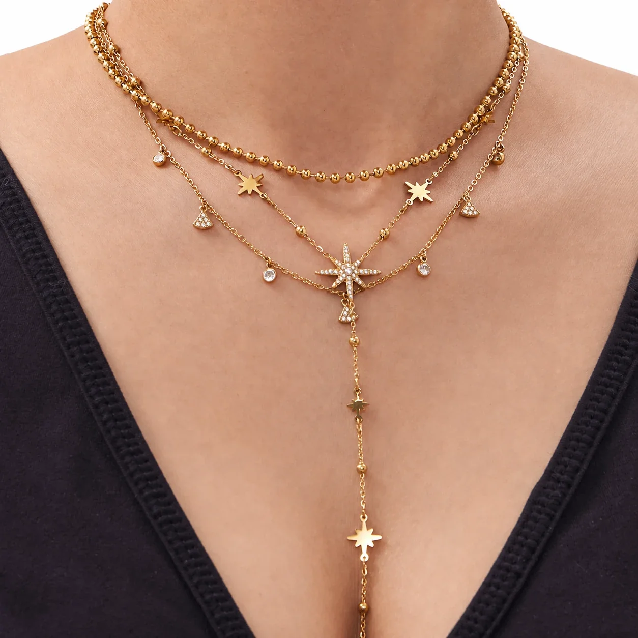 Celestial Gold-Plated Stainless Steel Star Bead Y Necklace Set