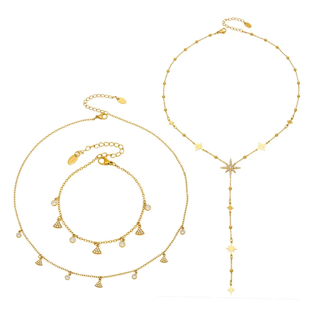 Celestial Gold-Plated Stainless Steel Star Bead Y Necklace Set