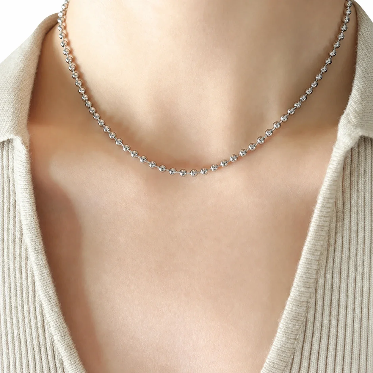 Celestial Gold-Plated Stainless Steel Star Bead Y Necklace Set - Silver Single-Layer + cm