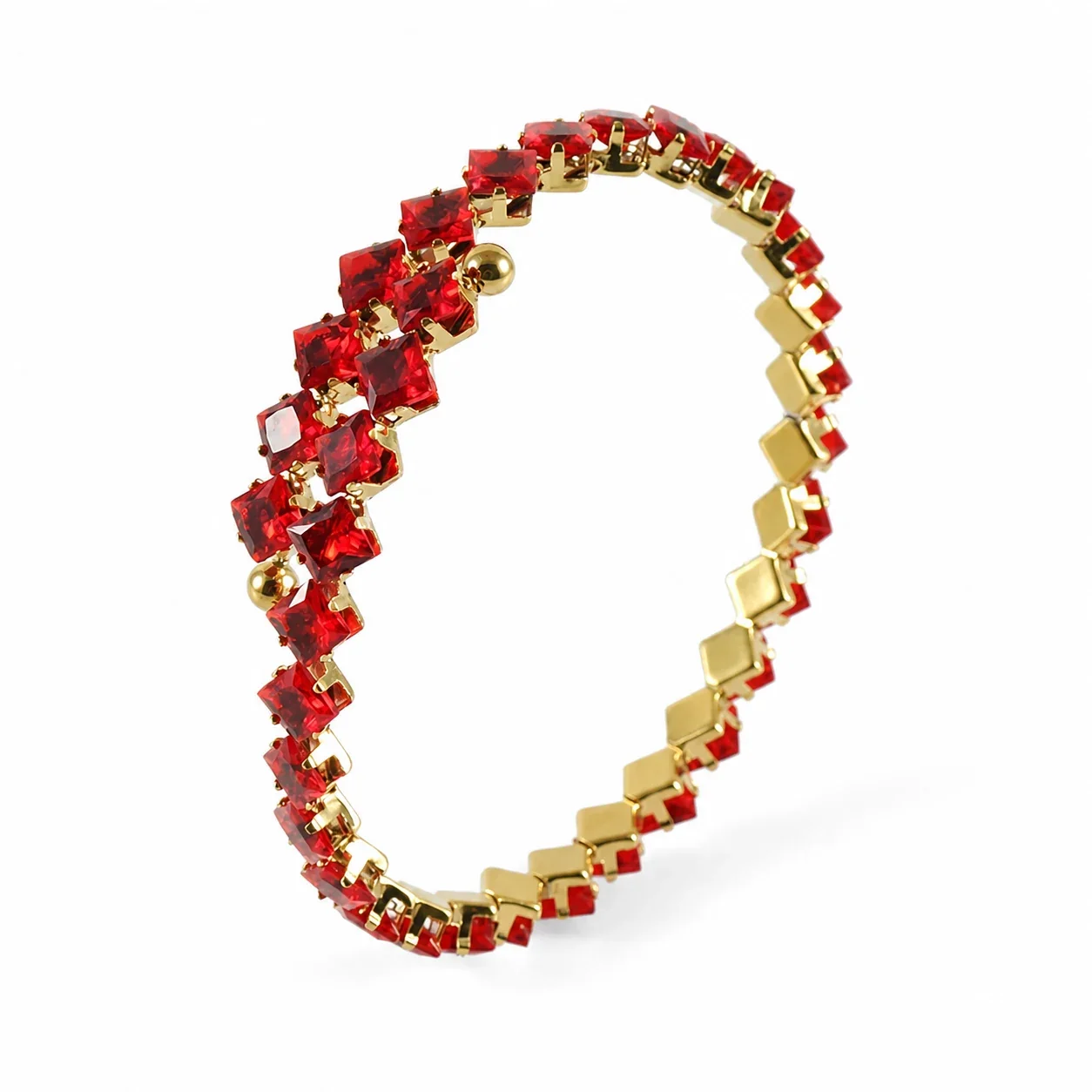 Radiant 316 Stainless Steel Square CZ Bangle Bracelet - Red