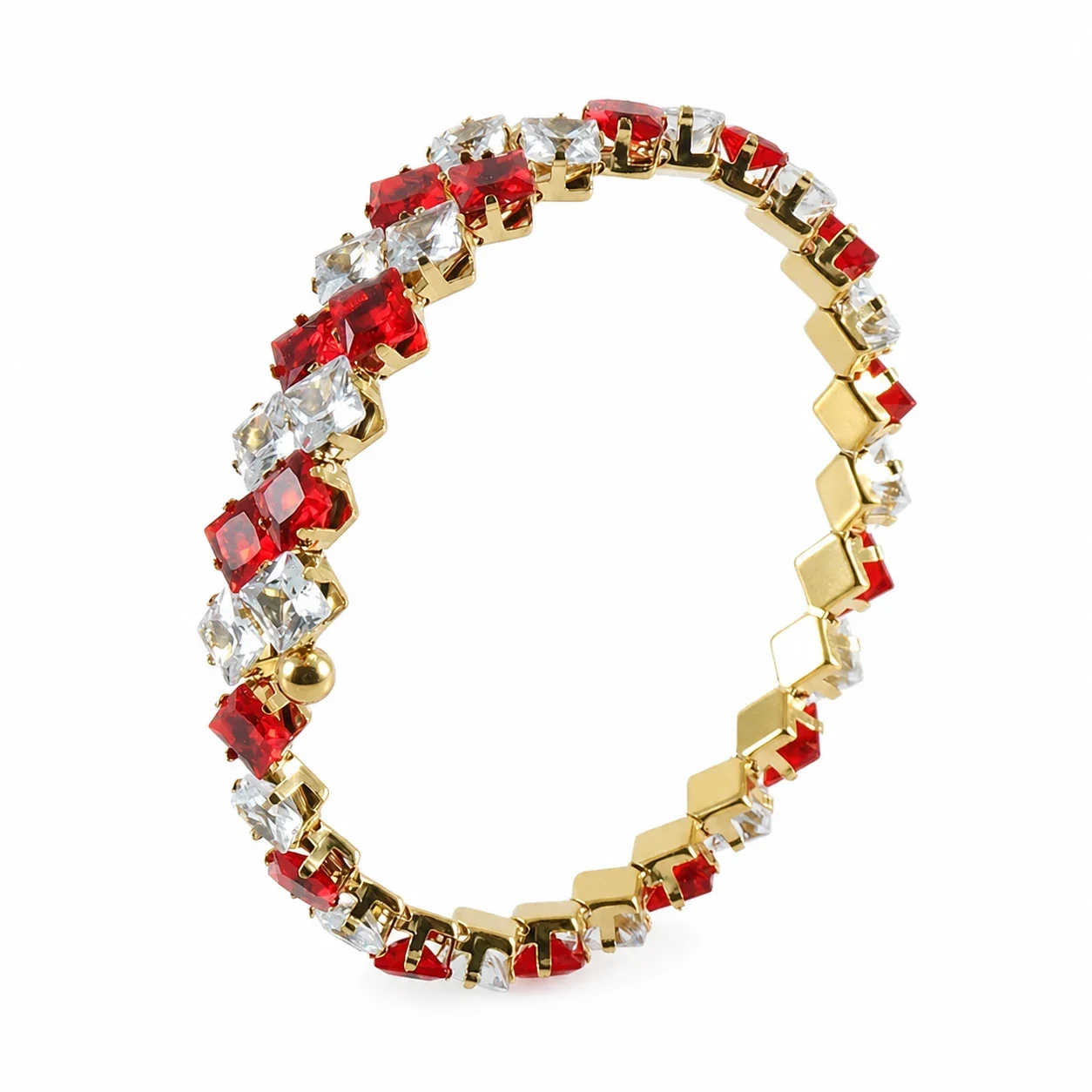 Radiant 316 Stainless Steel Square CZ Bangle Bracelet - White Red