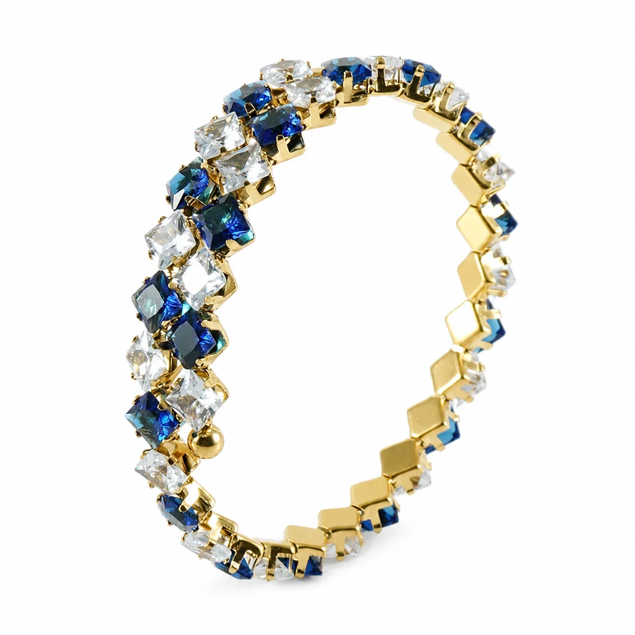 Radiant 316 Stainless Steel Square CZ Bangle Bracelet - White Blue