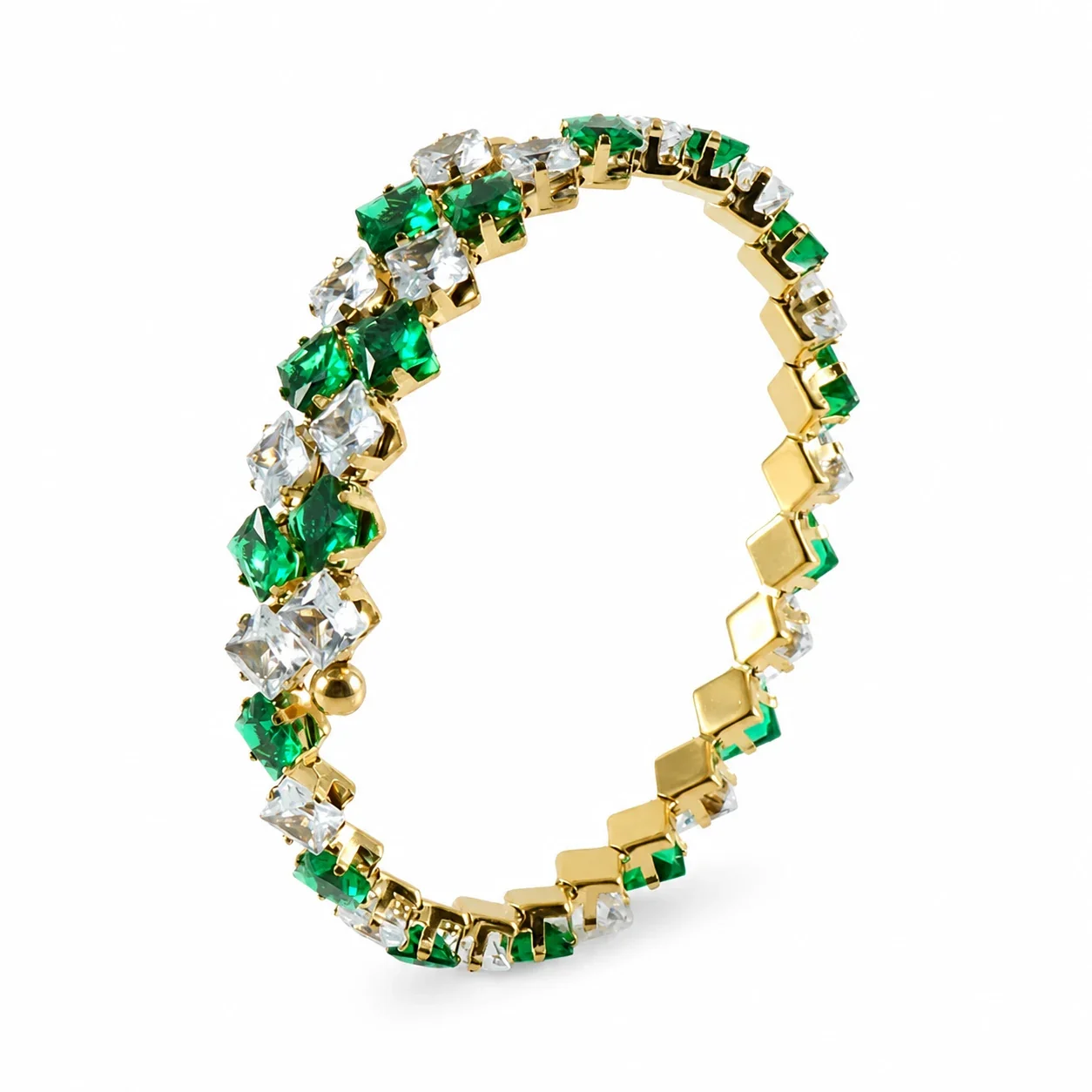 Radiant 316 Stainless Steel Square CZ Bangle Bracelet - White Green
